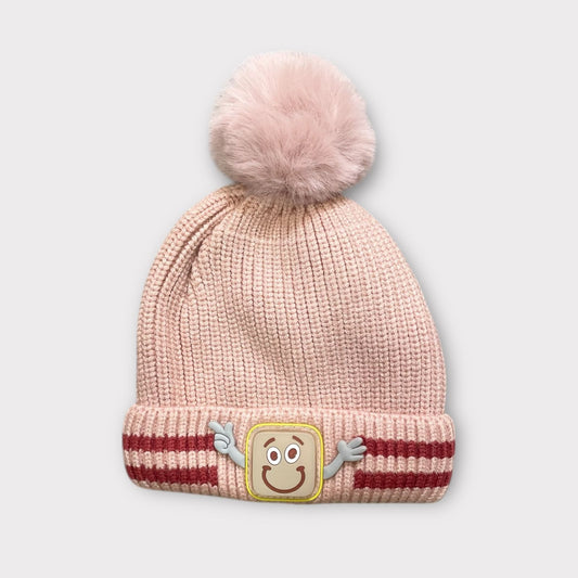 Unisex Red Winter Beanie for Kids with Fur Pom