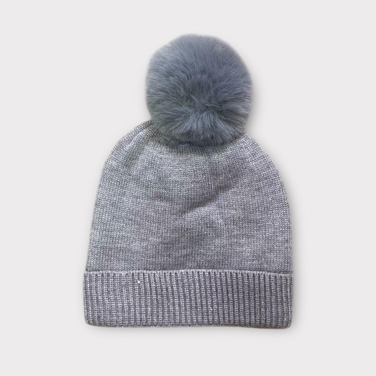 Red Knitted Kids Winter Cap with Grey Faux Fur Pom-Pom & Silver Stars