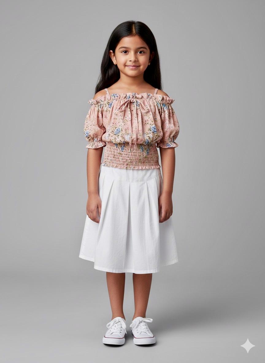 Girls Peach Floral Off-Shoulder Smocked Top – Cute & Trendy Summer Wear