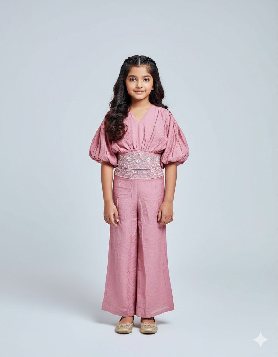Girls Premium Pink Ethnic Co-ord Set with Embroidered Waist – Festive & Party Wear
