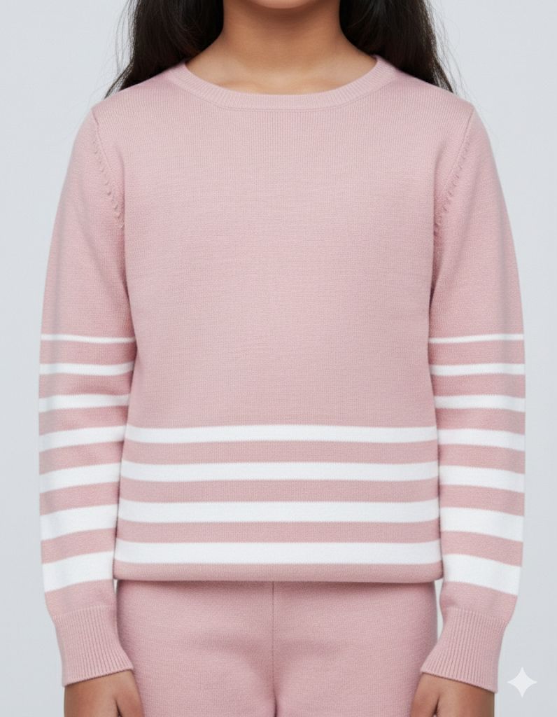 Girls Pink Striped Knit Co-ord Set – Premium Winterwear Top & Wide-Leg Pants | Soft & Stylish Sweater Set