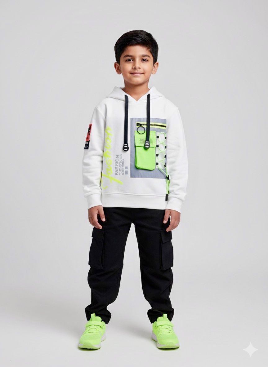 Boys White Neon Pocket Hoodie – Trendy Streetwear Style Top