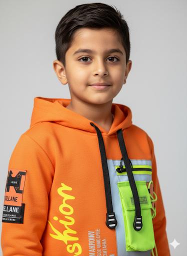 Boys Orange Neon Pocket Hoodie – Trendy Streetwear Style Top