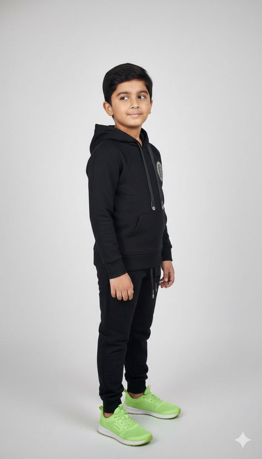 Boys All-Black Premium Hoodie & Jogger Co-ord Set | Winter Warm Kids Tracksuit