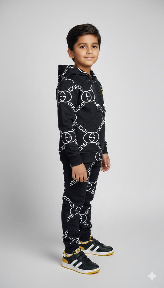 Boys Premium Black Designer Logo Co-ord Set | Hoodie & Joggers | Winter Fashion Set