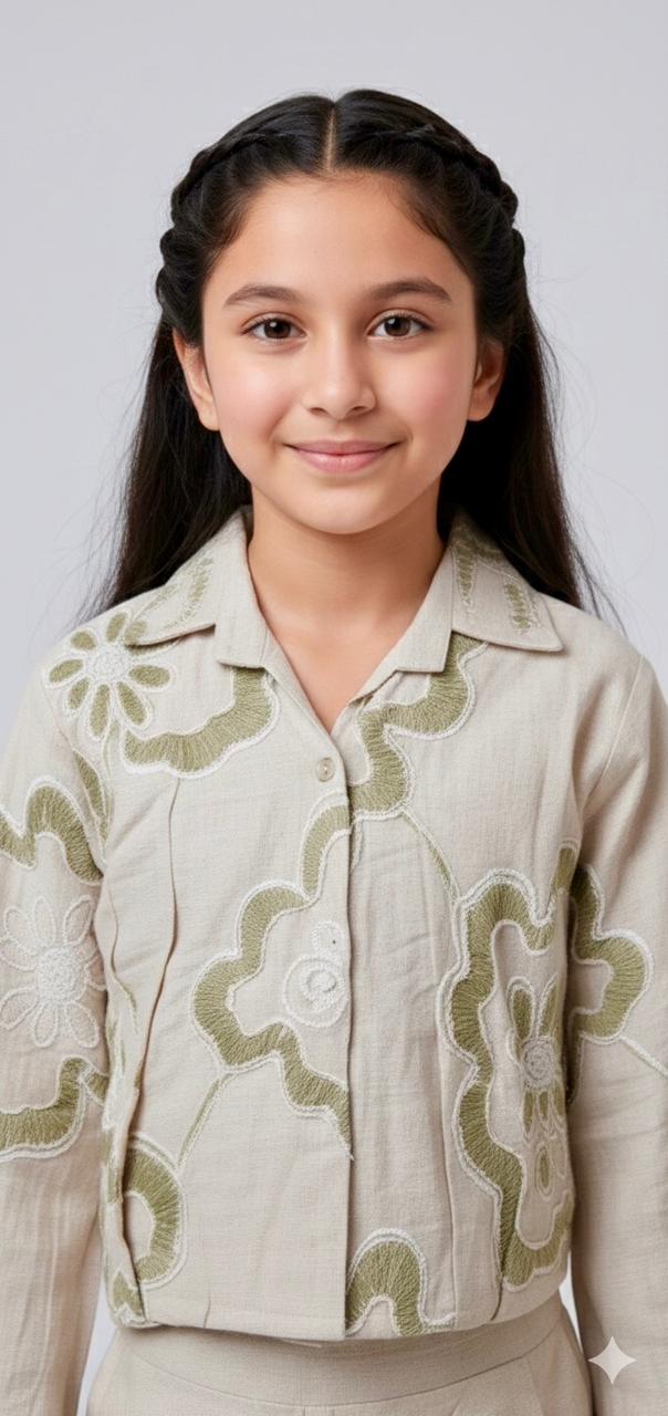 Girls Premium Beige Embroidered Co-Ord Set | Floral Shirt & Wide-Leg Pant Set | Elegant Festive & Casual Wear