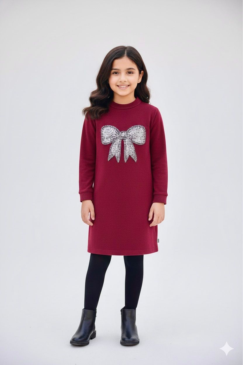 Girls Maroon Velvet Party Dress with Silver Sequin Bow | Premium Winter Festive Wear
