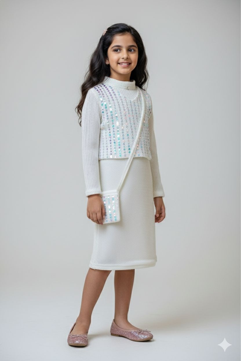 Girls Elegant White Party Dress with Sequin Jacket & Sling Bag | Festive & Occasion Wear