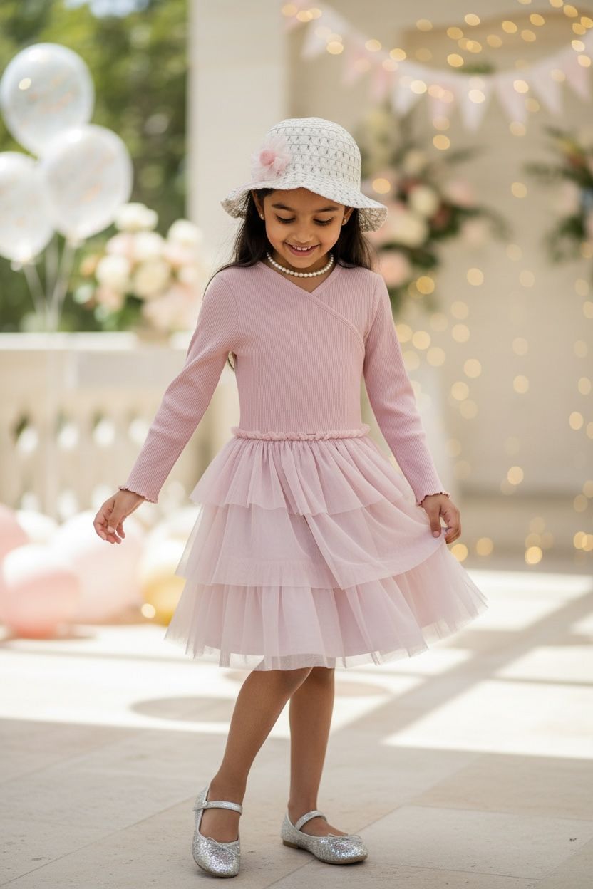Girls Blush Pink Layered Party Dress | Elegant Tulle Frill Dress for Birthdays & Celebrations