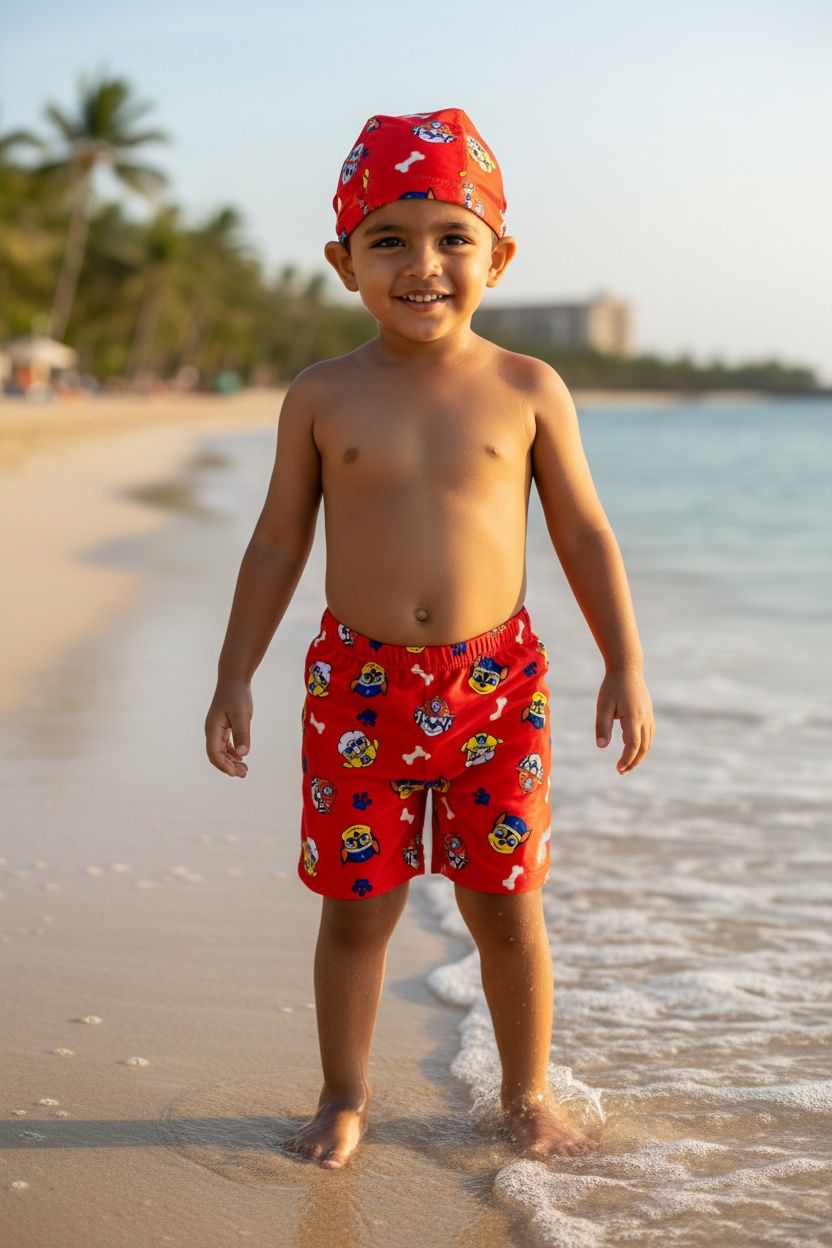 Boys Cartoon Print Swim Shorts with Matching Cap | Kids Beach & Pool Wear