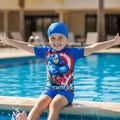 Kids Captain America- Avenger Themed Swim Jumpsuit with Cap | Quick-Dry & UV Protection