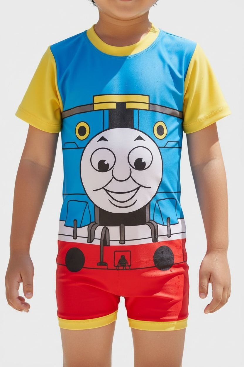 Kids Thomas the Train Themed Swim Jumpsuit with Cap | Quick-Dry I UV Protection