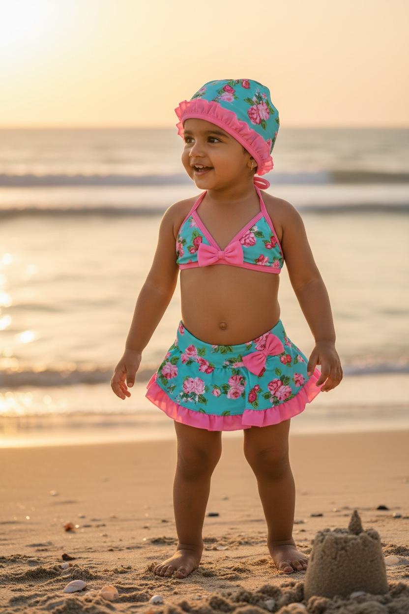 Baby Girl Floral Bikini Skirt Swimwear Set with Cap | Cute Pool & Beach Outfit