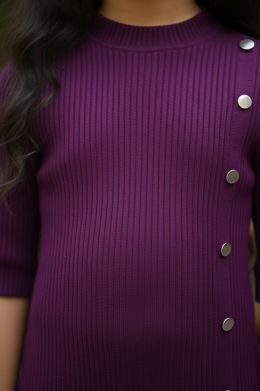 Plum Purple Ribbed Knitted Dress | Girls Premium Button Detail Party & Casual Wear