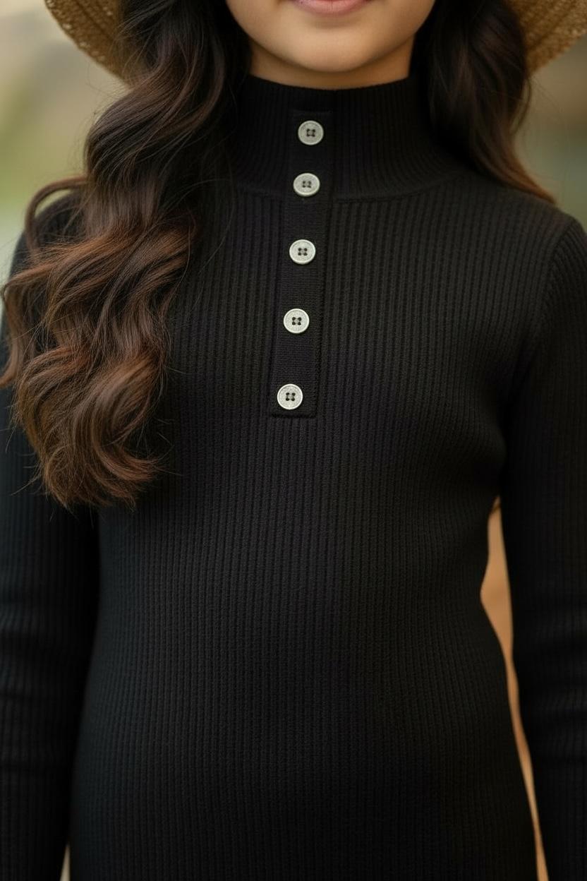Black Ribbed Knitted Dress | Premium Button Detail Girls Party & Casual Wear