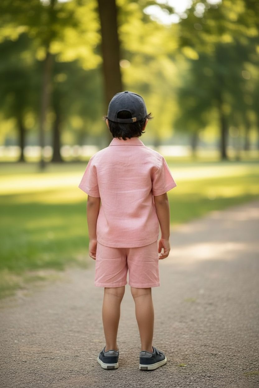 Peach Cotton Shirt & Shorts Co-Ord Set – Boys Summer Casual Wear