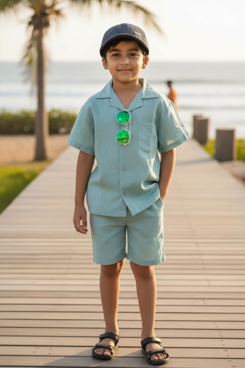 Green Cotton Shirt & Shorts Co-Ord Set – Boys Summer Casual Wear