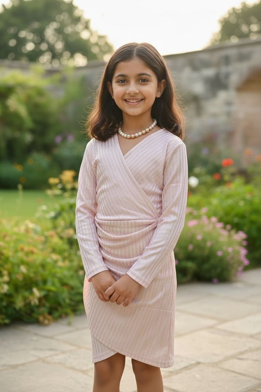 Pastel Peach Wrap Style Party Dress – Soft Shimmer Elegant Wear