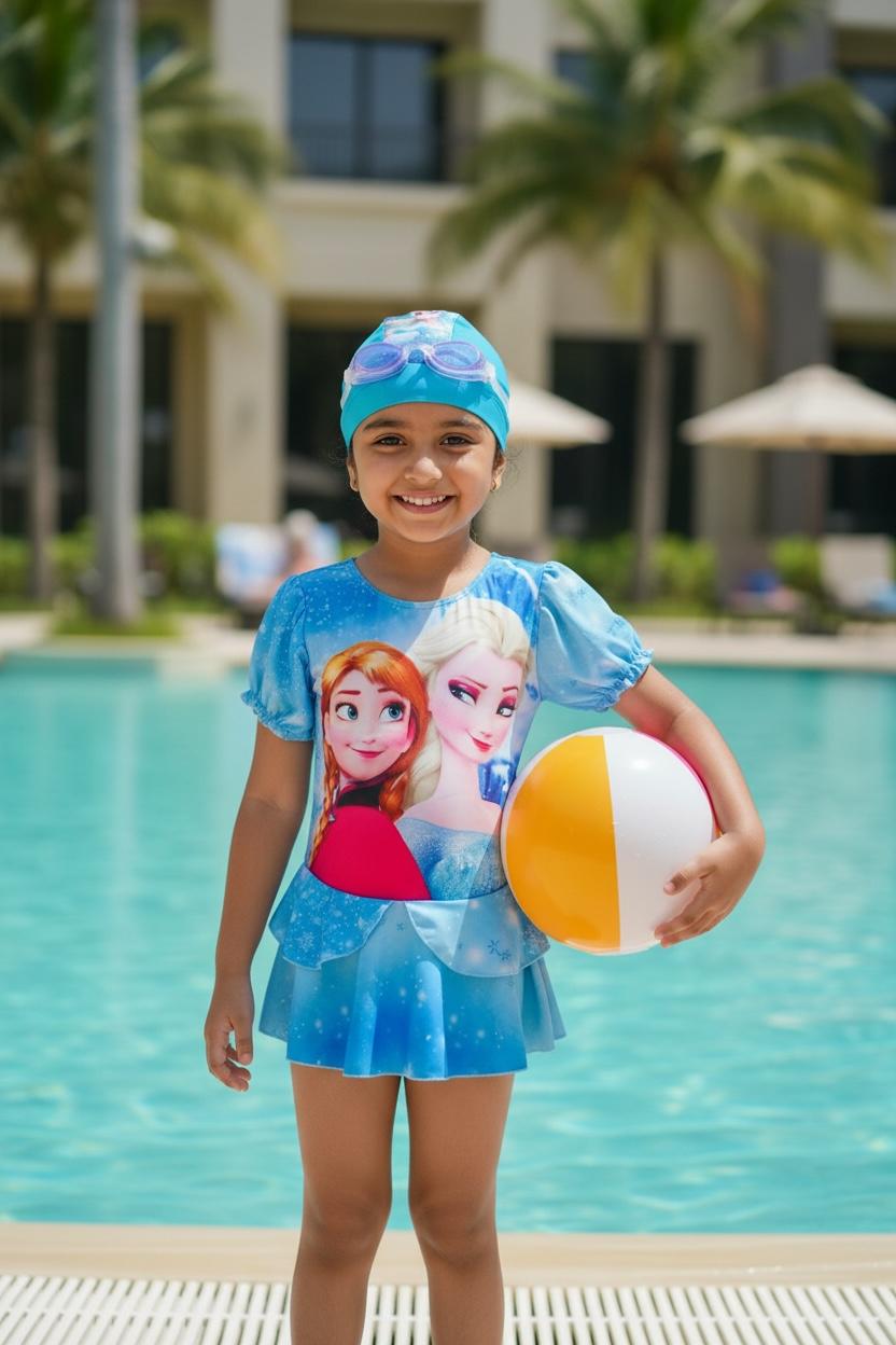 Princess Printed Blue Swimwear Dress | Kids Swimming Costume with Cap
