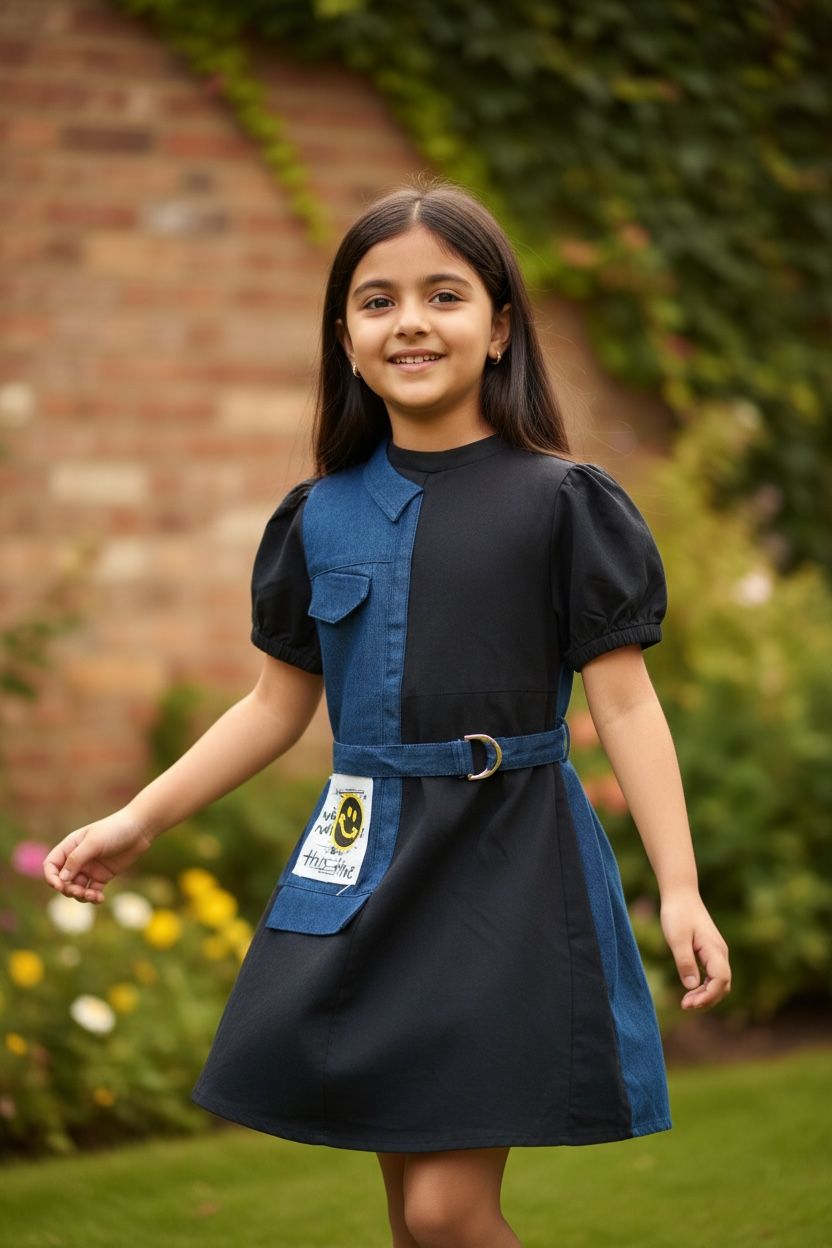 Black Denim-Knitted Frock With Belt | Stylish Girls Party & Casual Wear