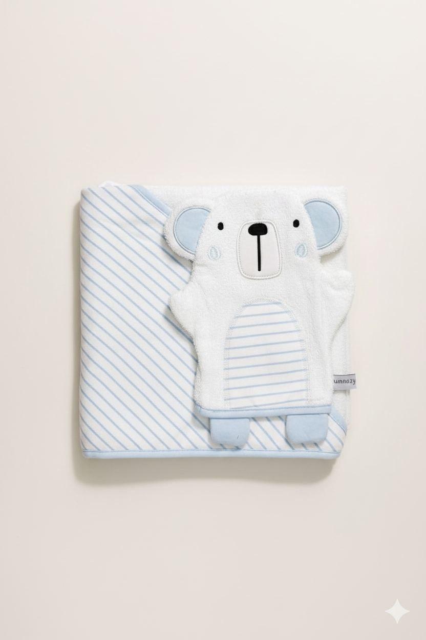 Blue & White Baby Hooded Towel Wrap with Teddy Bathing Glove – Soft & Absorbent