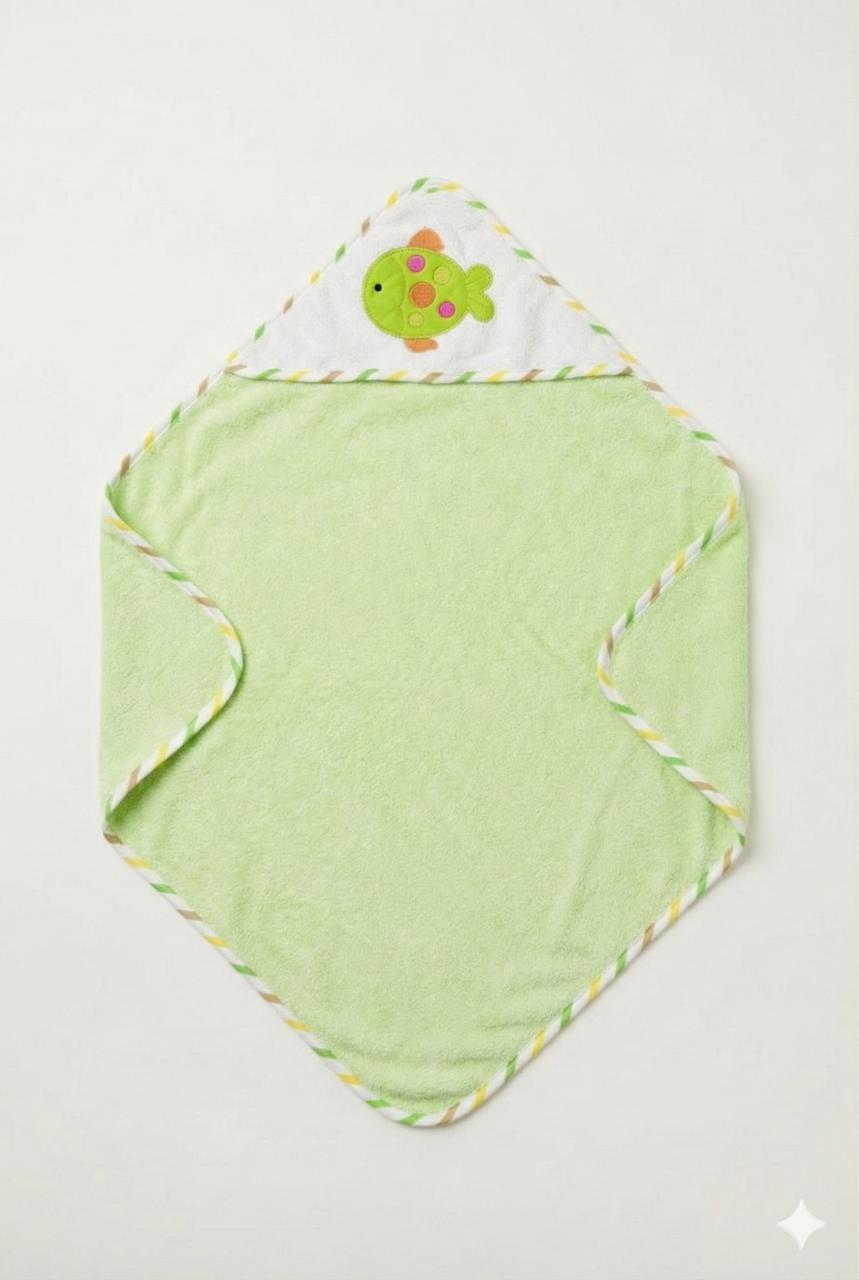 Green Baby Hooded Towel Wrap with Cute Fish patchwork Hood – Soft & Absorbent