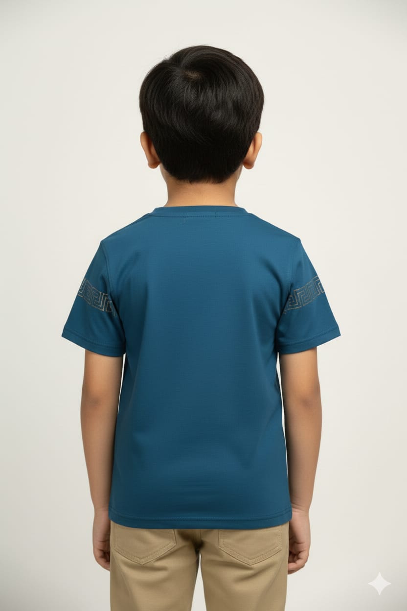 Teal Blue Party Wear Boys T-Shirt with Golden Embellished Work