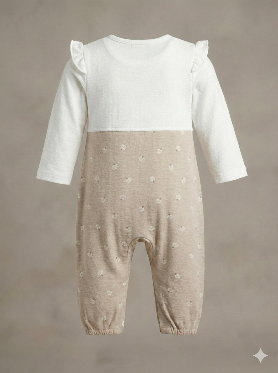 Beige Cotton Full-Sleeve Baby Romper with Ruffle Shoulders