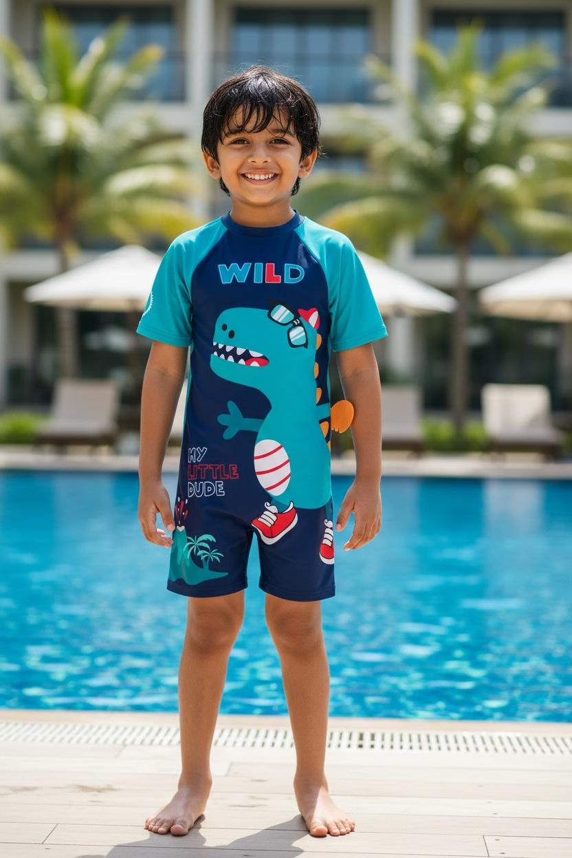 Navy Wild Dino Kids Swimwear Jumpsuit with 3D Tail Appliqué