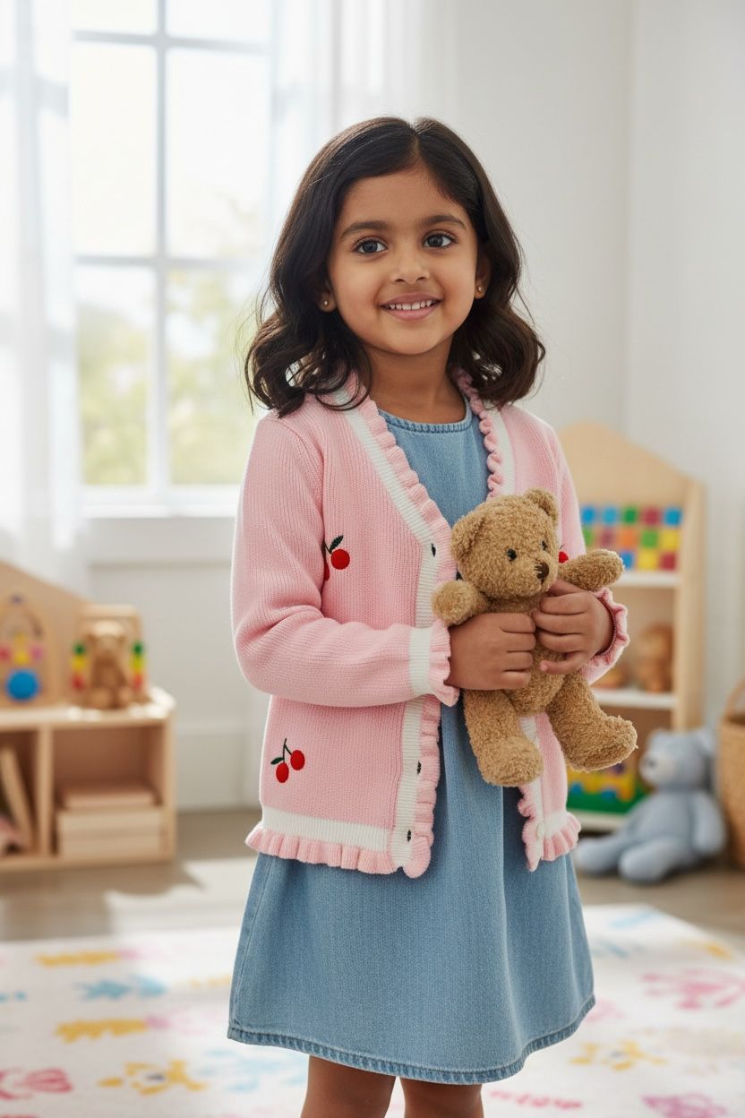 Pink Cherry Embroidered Knit Cardigan with Frill Details