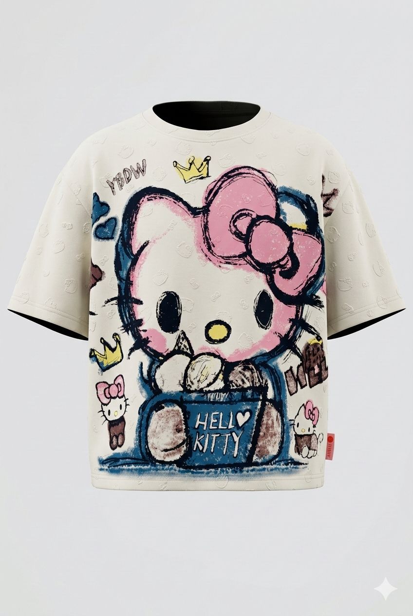 Hello Kitty Oversized Crop Top – Stylish Back Graphic and Embossed Kitty