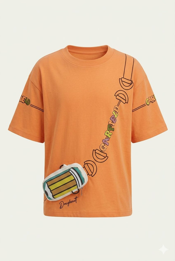 Orange Oversized T-Shirt with Attached Pencil Pouch – Trendy Streetwear Style | Devils n Dolls