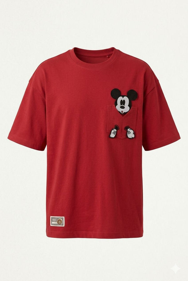 Red Oversized Mickey Patchwork T-Shirt with Pocket – Trendy Casual Streetwear | Devils n Dolls