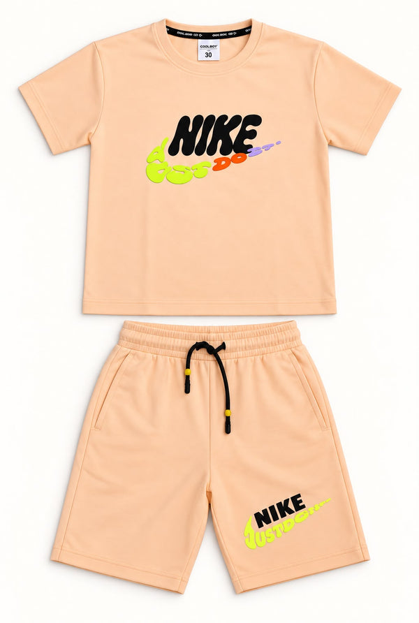 Peach Graphic Print T-Shirt & Shorts Set for Boys