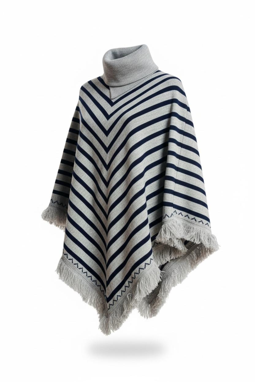 Grey Winter Poncho Shawl – Warm Striped Woolen Cape