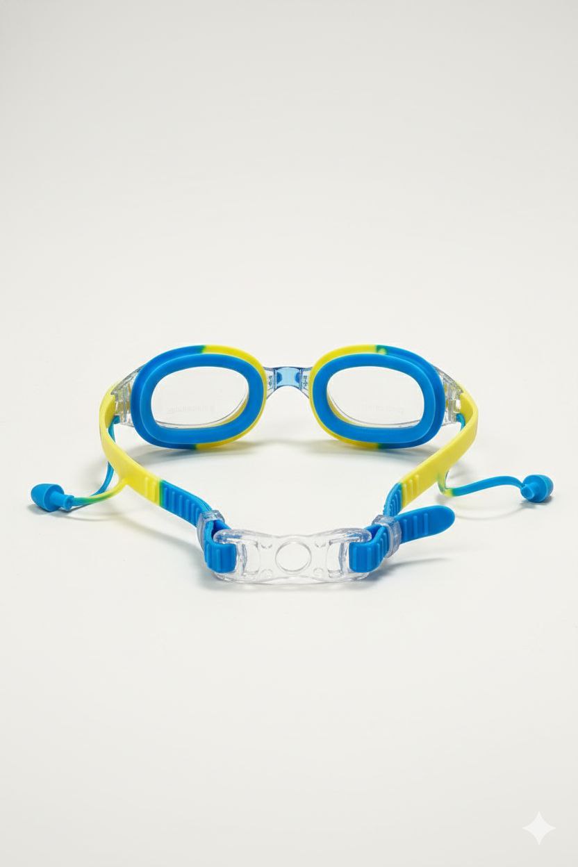 Blue Yellow Unisex Swimming Goggles With Ear Plugs – Clear Vision, Leak-Proof, Anti-Fog Eye Protection