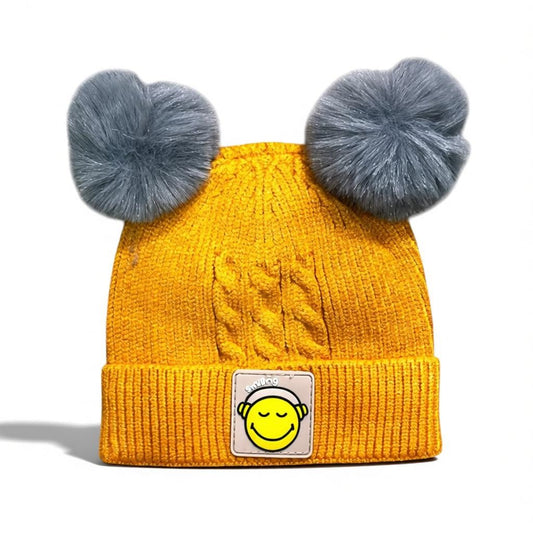 Baby/Toddler Winter Beanie – Knitted Blue Cap with Twin Fur Poms
