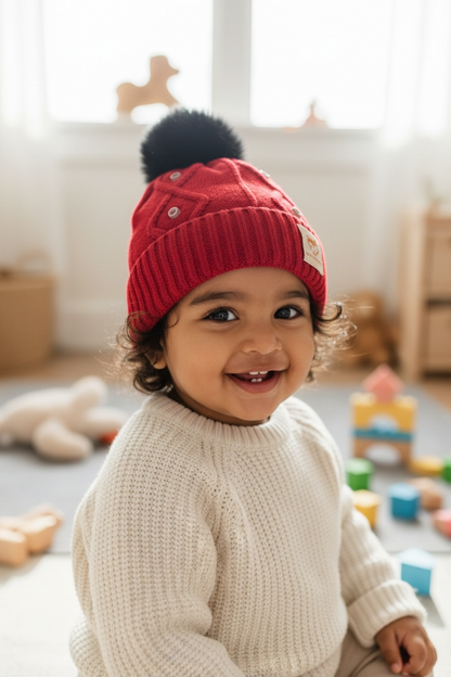 Knitted Winter Beanie Cap for Kids | Soft Knit + Pom-Pom (Unisex | 6 -12 Months)