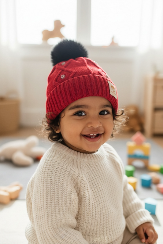 Knitted Winter Beanie Cap for Kids | Soft Knit + Pom-Pom (Unisex | 6 -12 Months)