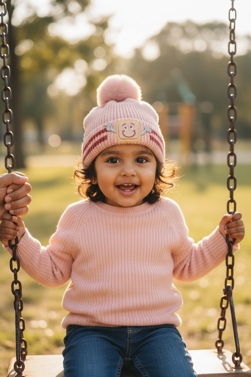 Unisex Red Winter Beanie for Kids with Fur Pom