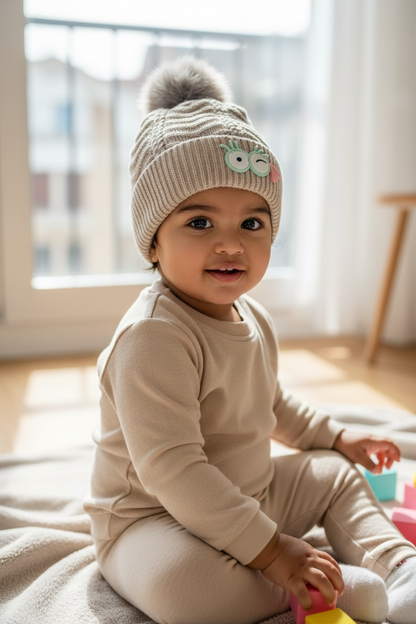 Cute Winter Knitted Beanie for Kids | Warm Woolen Cap with Pom Pom & Cartoon Patch | Soft Cozy Baby Girl Winter Hat