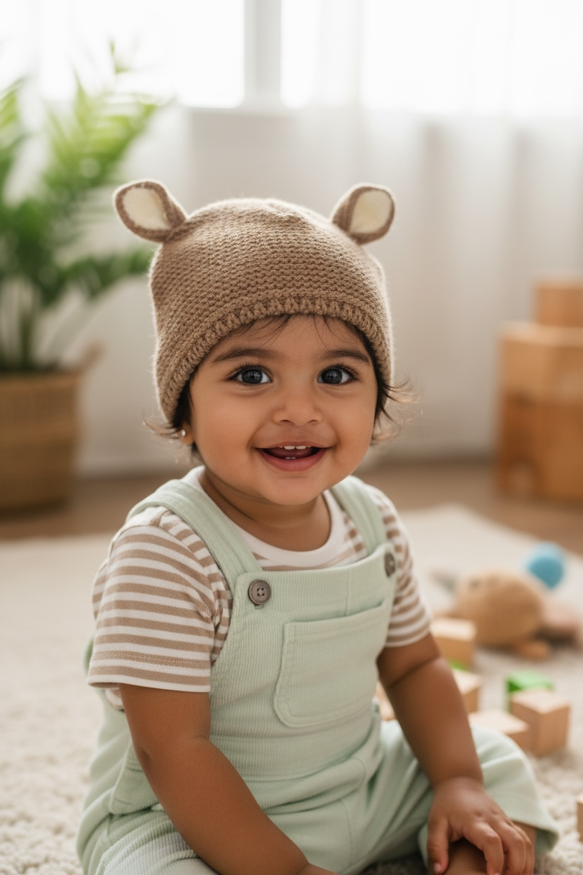 Soft Woolen Infant Winter Beanie – Knit Cap with Ears & Secure Closure