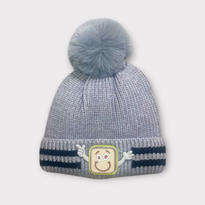 Unisex Red Winter Beanie for Kids with Fur Pom