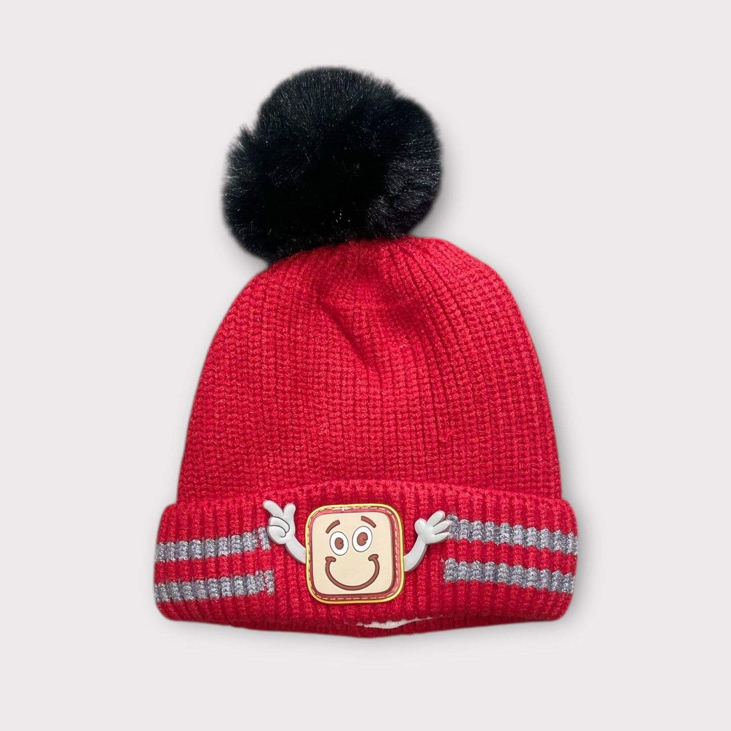 Unisex Red Winter Beanie for Kids with Fur Pom