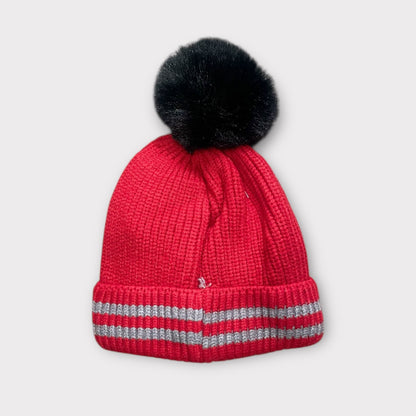 Unisex Red Winter Beanie for Kids with Fur Pom