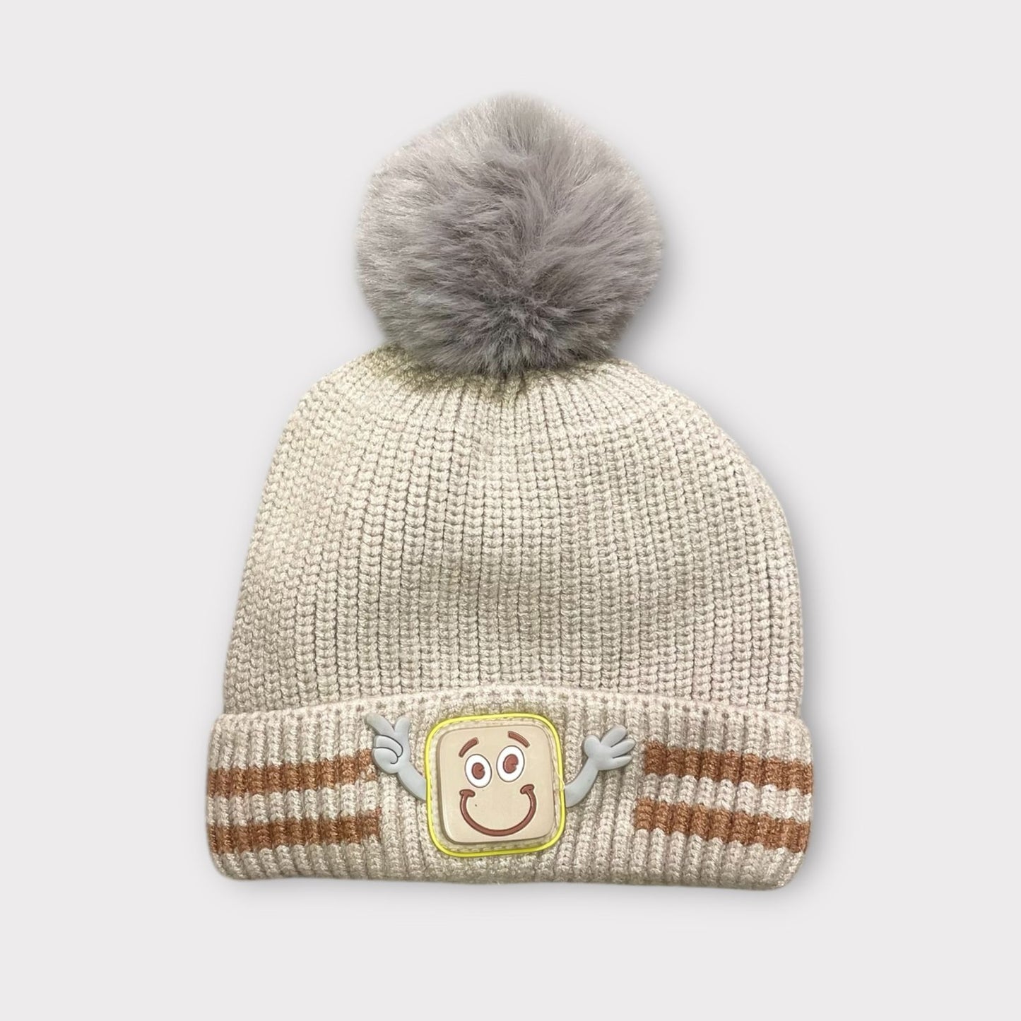 Unisex Red Winter Beanie for Kids with Fur Pom