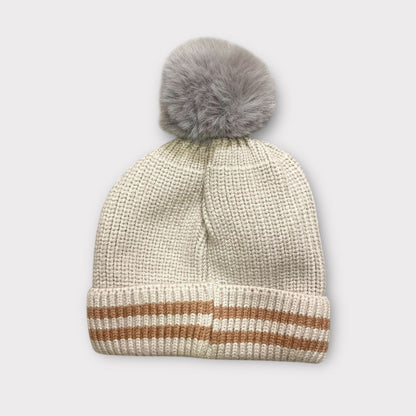 Unisex Red Winter Beanie for Kids with Fur Pom