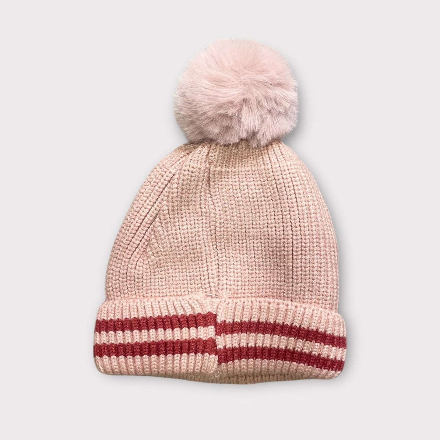 Unisex Red Winter Beanie for Kids with Fur Pom