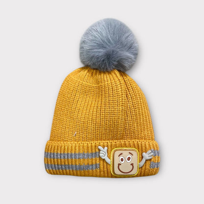Unisex Red Winter Beanie for Kids with Fur Pom