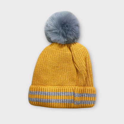 Unisex Red Winter Beanie for Kids with Fur Pom